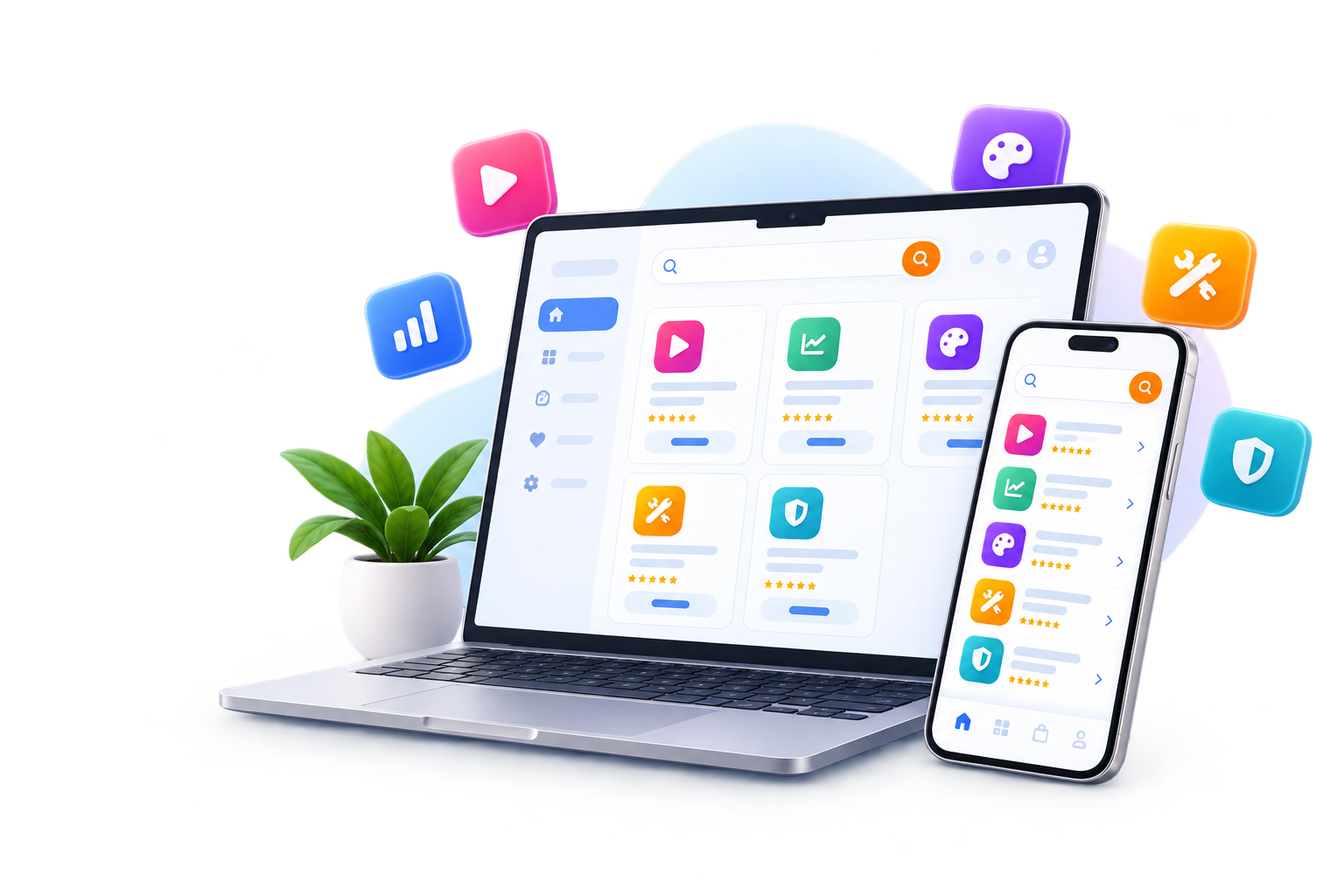Premium tools marketplace on laptop and phone